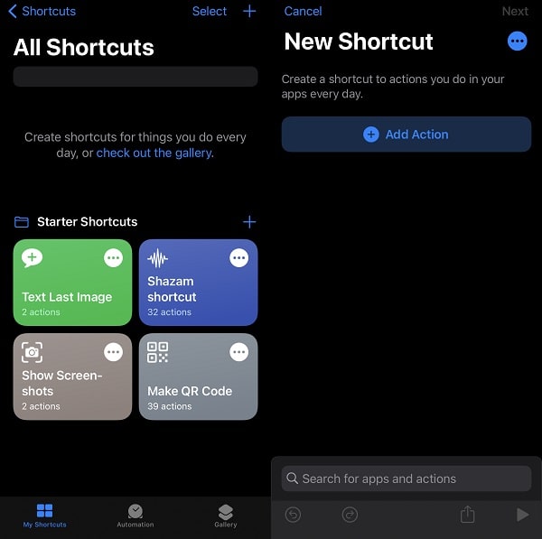 Add new Shortcut in Shortcuts App