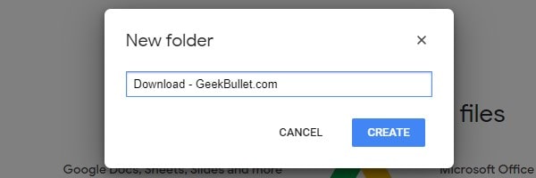 Create new folder in Google Drive - Enter Folder Name