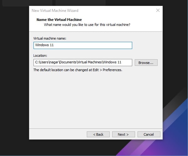 Enter Windows 11 Virtual Machine Name