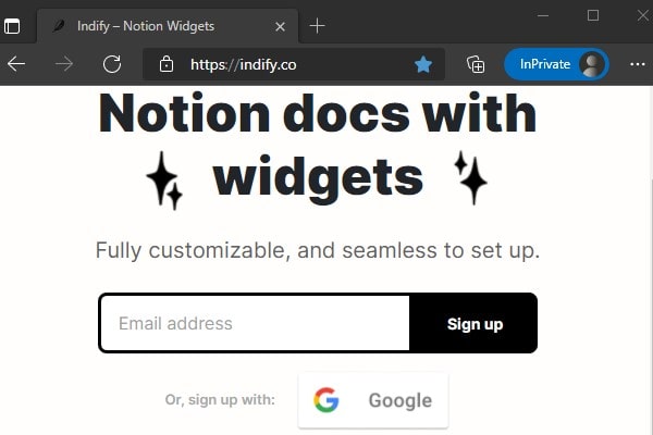 Indify Notion Widgets - Sign up