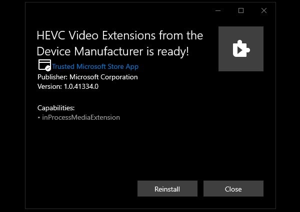 Install HEVC Video Extensions from the device manufacturer is installed