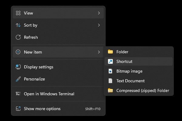 Create new shortcut Windows 11