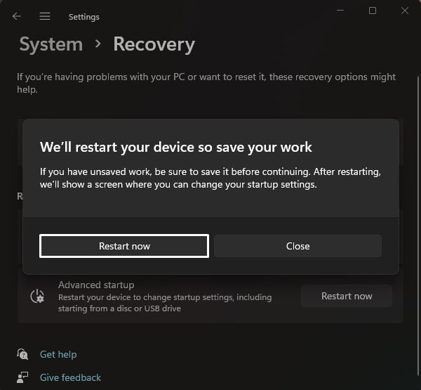 Restart Windows 11 to Boot into Windows RE