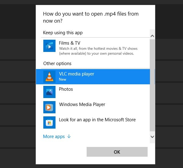 Select VLC as Default App to opne MP4 File in Windows 11