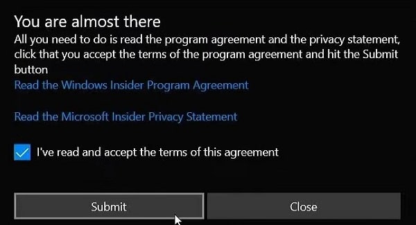 Accept Windows Insider Program License Agreement