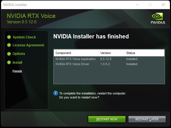 Restart Computer to complete NVIDIA RTX Voice Installation