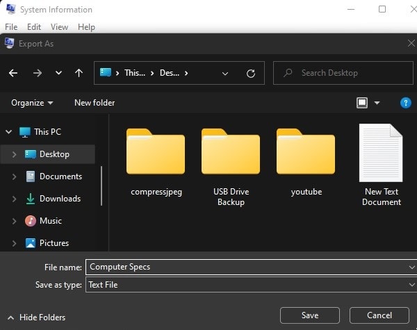 Save Computer Specification in text file Windows 11