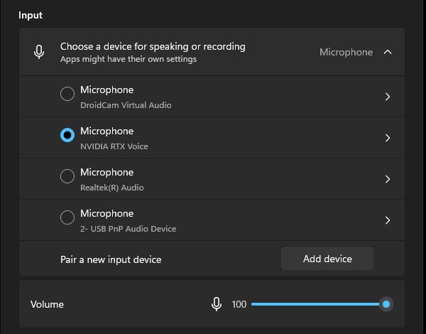 Windows Sound Settings Select NVIDIA RTX Voice Mic