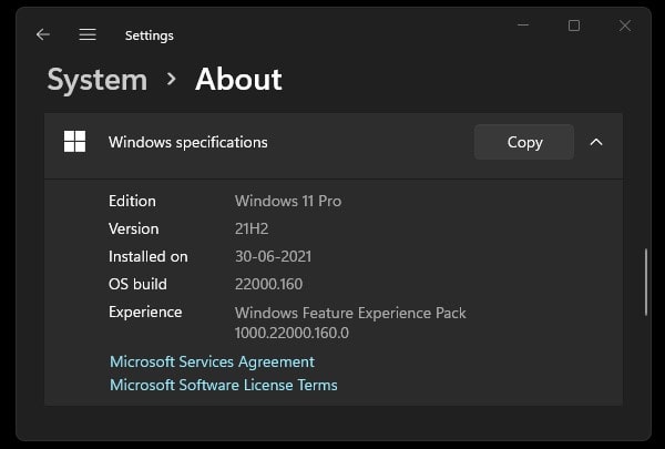 check Windows 11 specification settings app