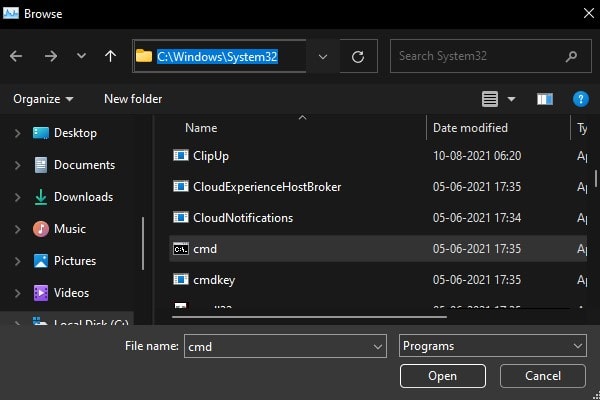 Select CMD application to open using task manager