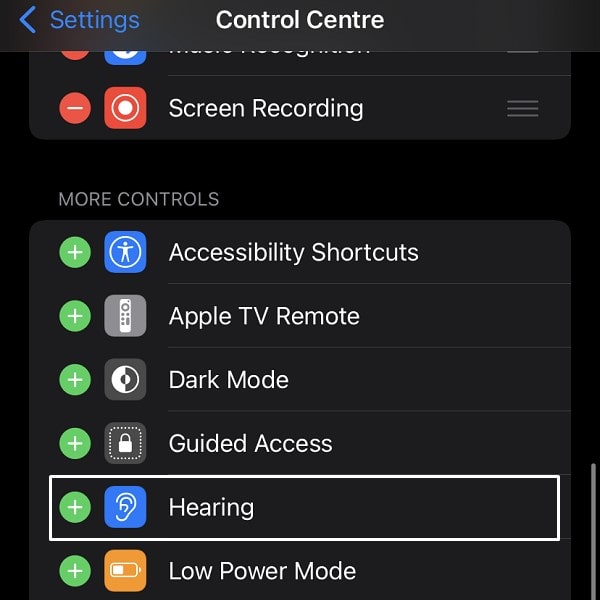 Add Hearing Feature in Control Centre