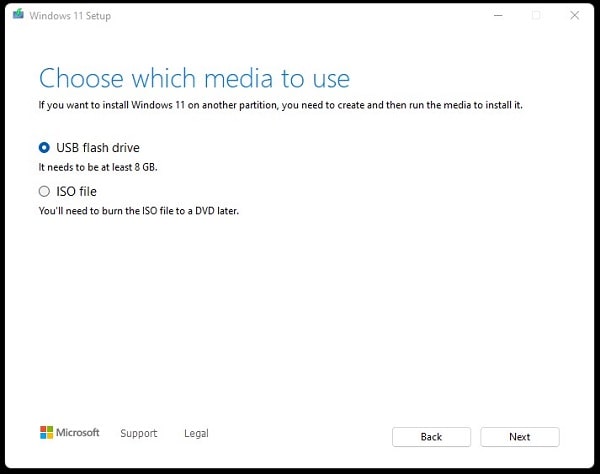 Choose USB flash drive to create Windows 11 Installation Media