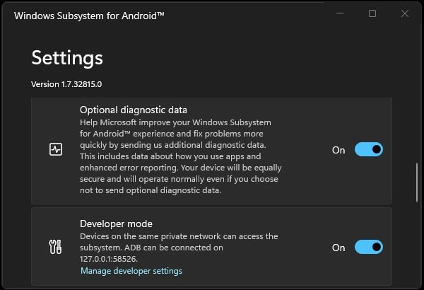 Enable Developer Mode in Windows Subsystem for Android