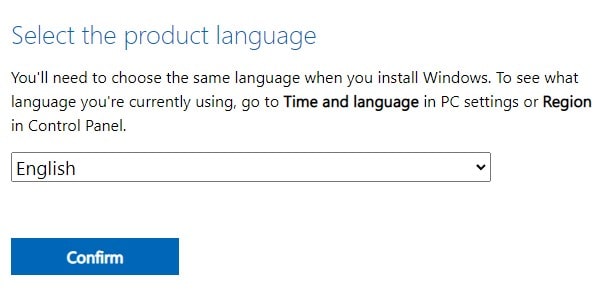 Select Windows 11 product language to download ISO