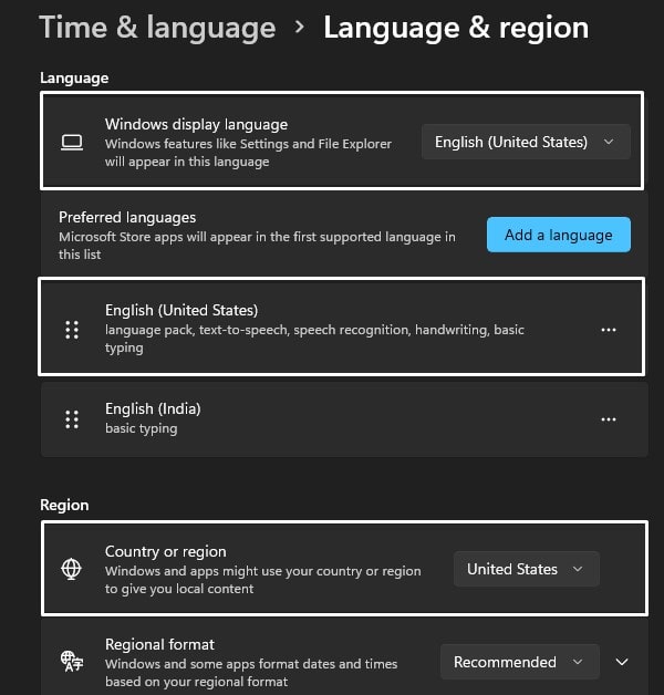 Set Windows language & region to united states