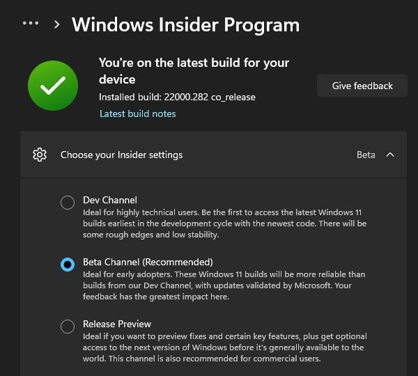 Windows 11 Insider Preview Beta Channel