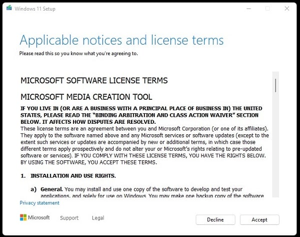 Windows 11 Setup License Terms