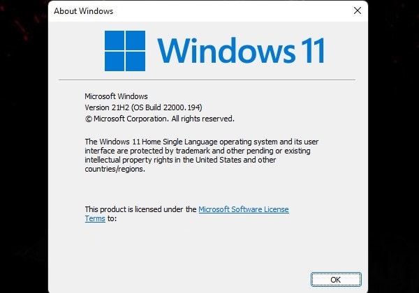 Windows 11 Version information