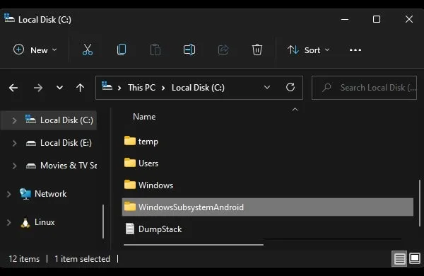 Create new folder WindowsSubsystemAndroid