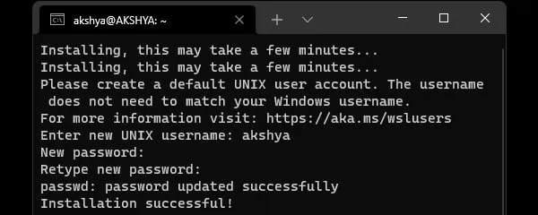 Setup UNIX username and password - Ubuntu Installation Sucessful