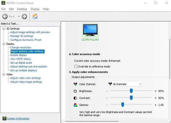 NVIDIA Control Panel - Adjust desktop color settings