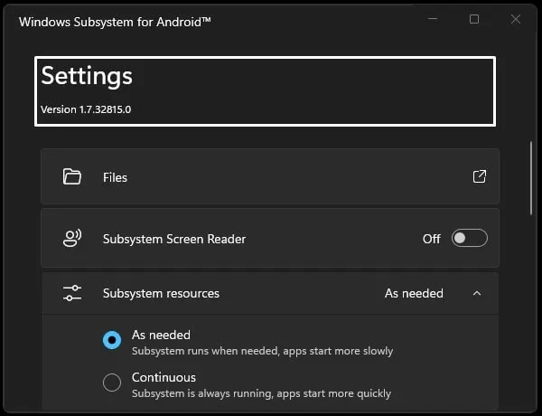 Windows Subsystem for Android Settings - Version