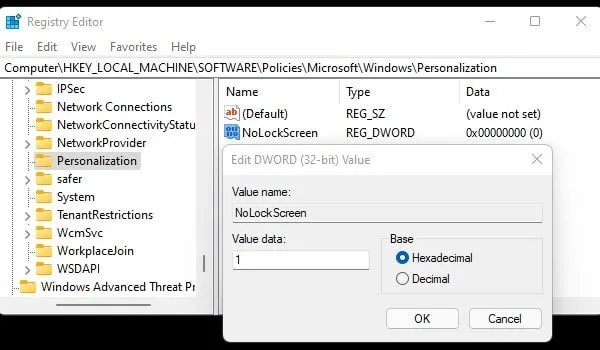 Enable NoLockScreen Registry to Disable Lock Screen in Windows 11