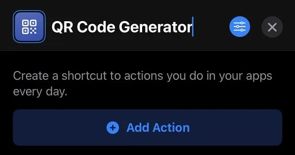 QR Code Generator Name and Icon - Add Action