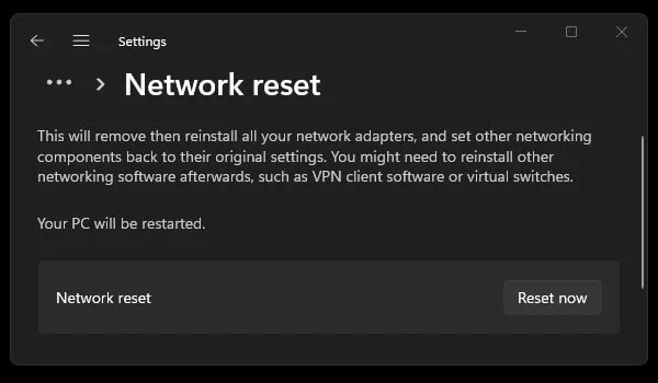 Network reset Windows 11 to fix DNS Error