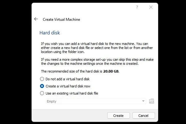 Create a Virtual hard disk now for ReactOS
