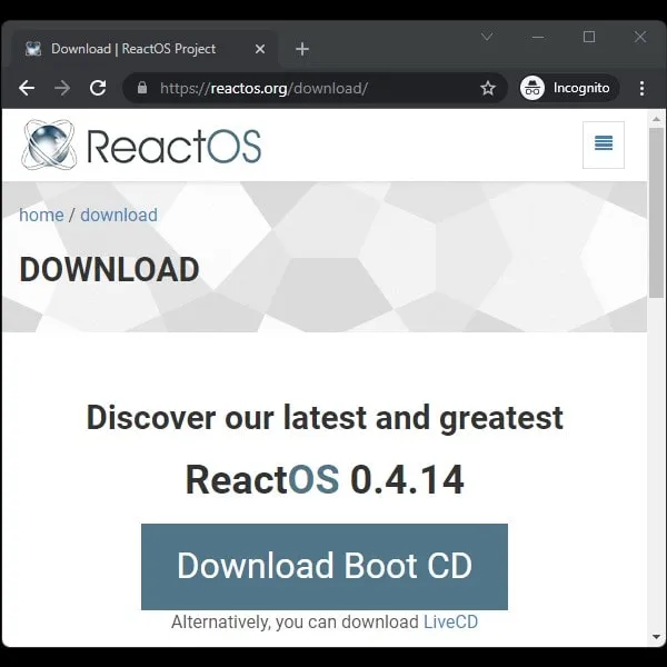 Download ReactOS ISO File, Click on Boot CD