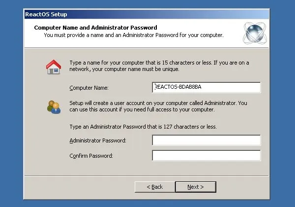 Enter ReactOS Compute Name and Password