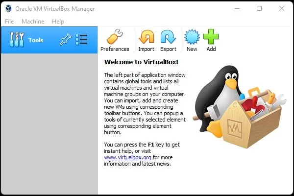 Oracle VM VirtualBox Manager Click on New