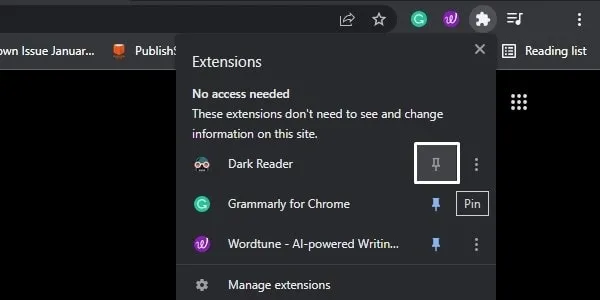 Pin Dark Reader Extension in Chrome