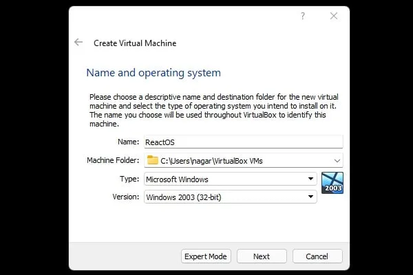 ReactOS Create Virtual Machine