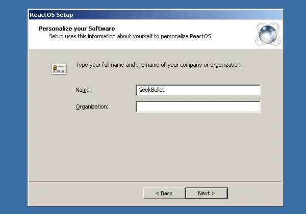 ReactOS Enter Company Name