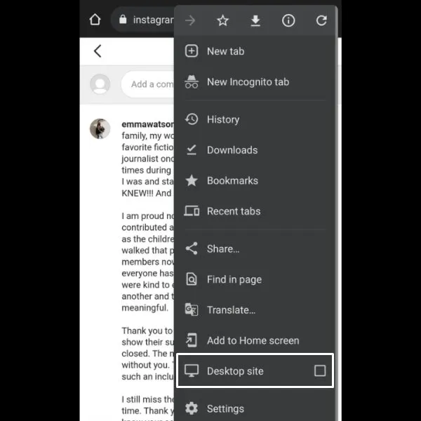 Request Desktop Site in Chrome to copy Instagram comments