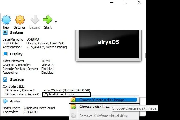 Select Disk Image of AiryxOS