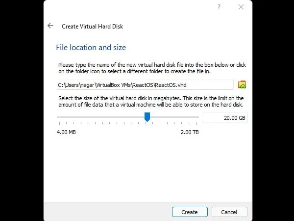 Select Hard Disk Size to Create ReactOS Virtual Machine