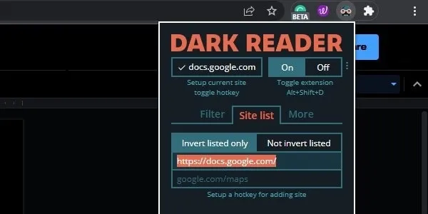 Use Dark Reader only for Google Docs