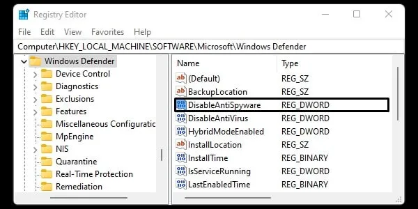 Windows Defender Disable AntiSpyware