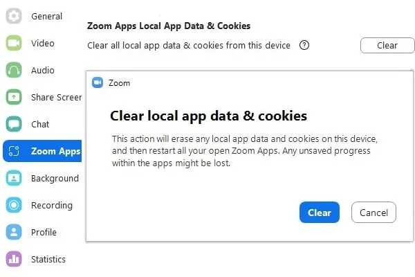 Zoom Clear Local app data & Cookies
