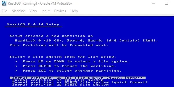 quick format disk to install ReactOS on virtualbox