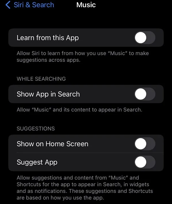 Disable Siri & Search for Apple Music App 