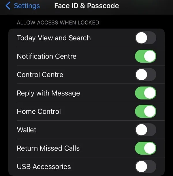 Disable Today View and Search Option from Face ID & Passcode