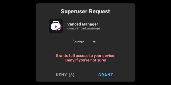 Grant Vanced Manager root permission