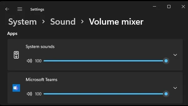 Microsoft Teams Audio Controls in Volume Mixer