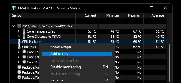 Add CPU Package Temperature to System Tray Taskbar