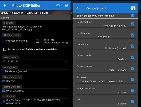 Remove EXIF or Metadata from Android Photos