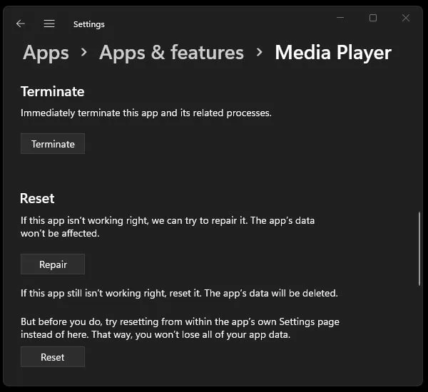 Reset and Repair Windows 11 Media Player